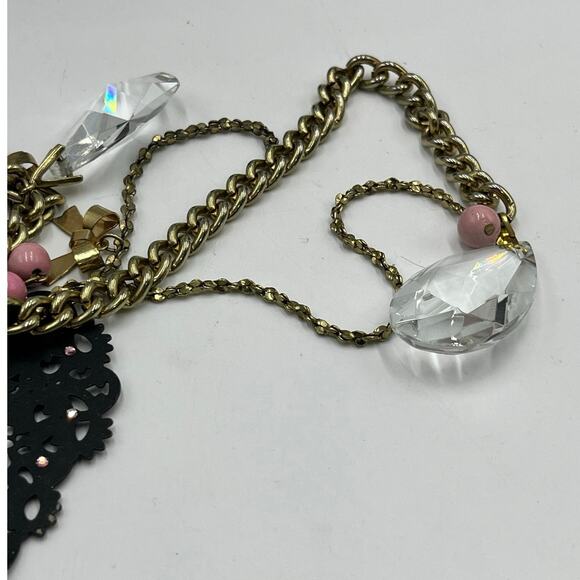 Betsey Johnson Multistrand Webb Bows Pink Beads Crystals Black Heart Necklace - Picture 7 of 10